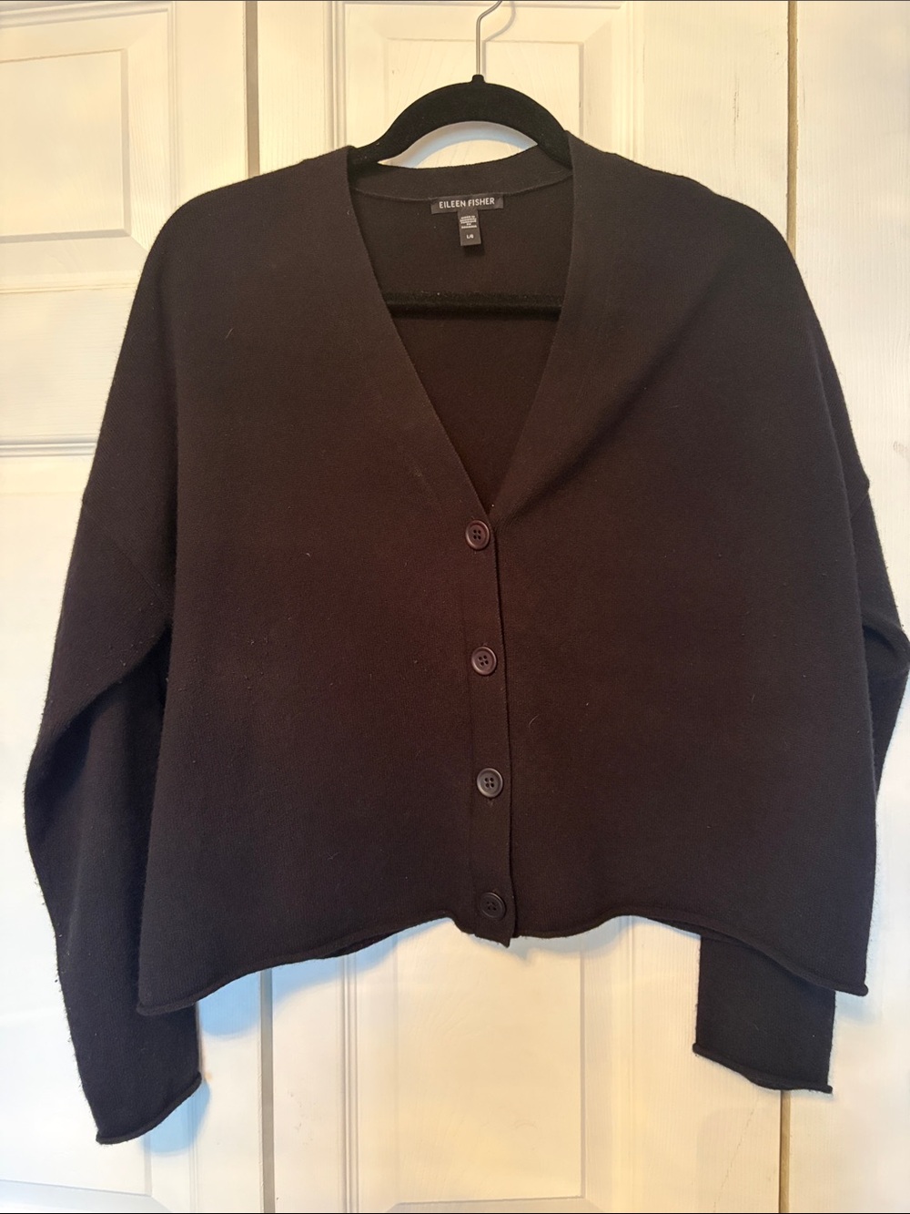 100% Cashmere Eileen Fisher Black V-Neck Button Front Cardigan L